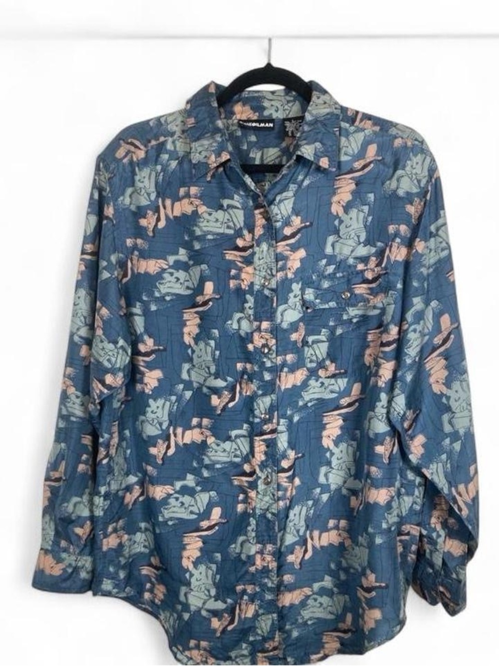 Vintage Silk Diane Gilman Blue and Tan Graphic Shirt Sz L